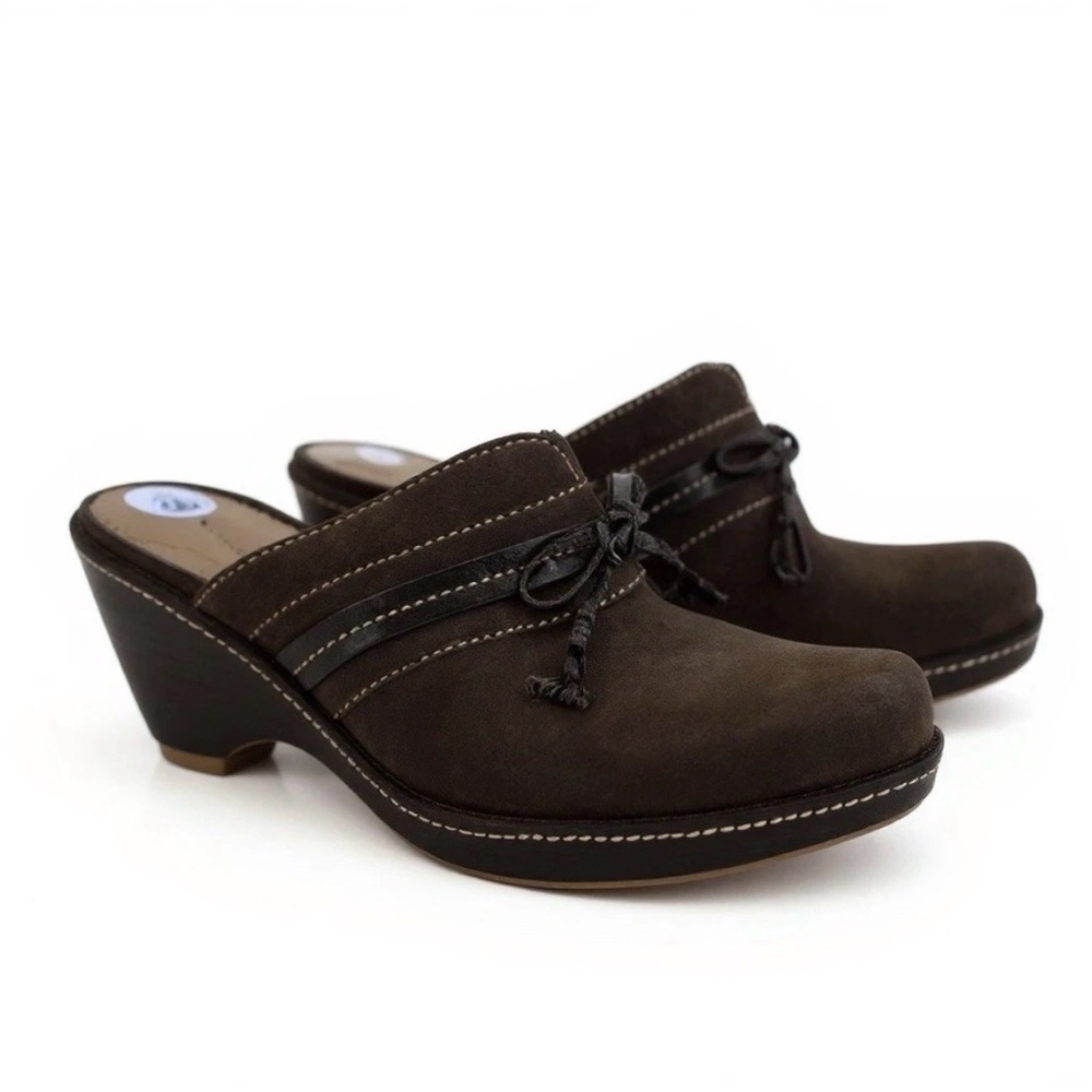 ECCO Brown Suede Wedge Heel Clog Women's Sz 6 6.5 Slip On Comfort Shoe